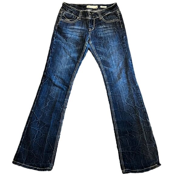 Vanilla star Low Rise Bootcut Stretch Denim Jeans Overstitched Crinkle Wash - Picture 1 of 5
